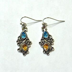 Earrings Silver Tone With Blue and Amber Accents Dangle New